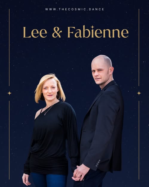 Fabienne and Lee Easton holding hands against a starry night sky