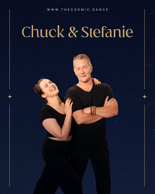 Stefanie Tschom and Chuck Brown laughing together against a starry night sky